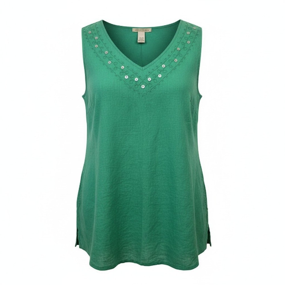 e.col.o.gie Womens sV-Neck Tank‎ Top 100% Linen Boho Green Size M